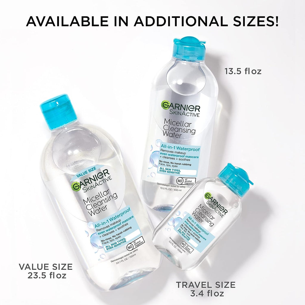 Garnier SkinActive Micellar Water For Waterproof Makeup, Facial Cleanser &amp; Makeup Remover, 13.5 Fl Oz (400mL), 1 Count (Packaging May Vary)