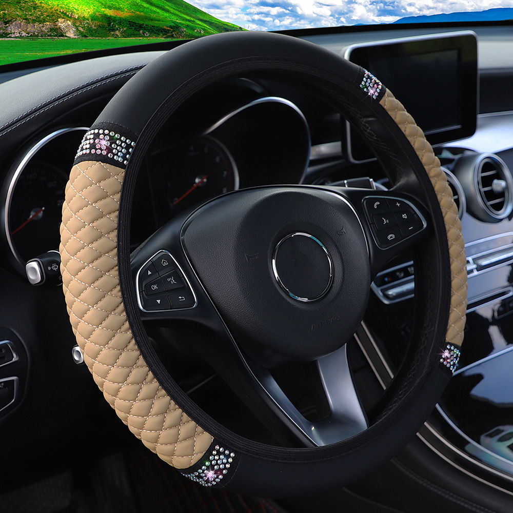 Car Pu Leather Steering Wheel Cover, 14.57-14.96inch Artificial Diamond, Steering Wheel Cover