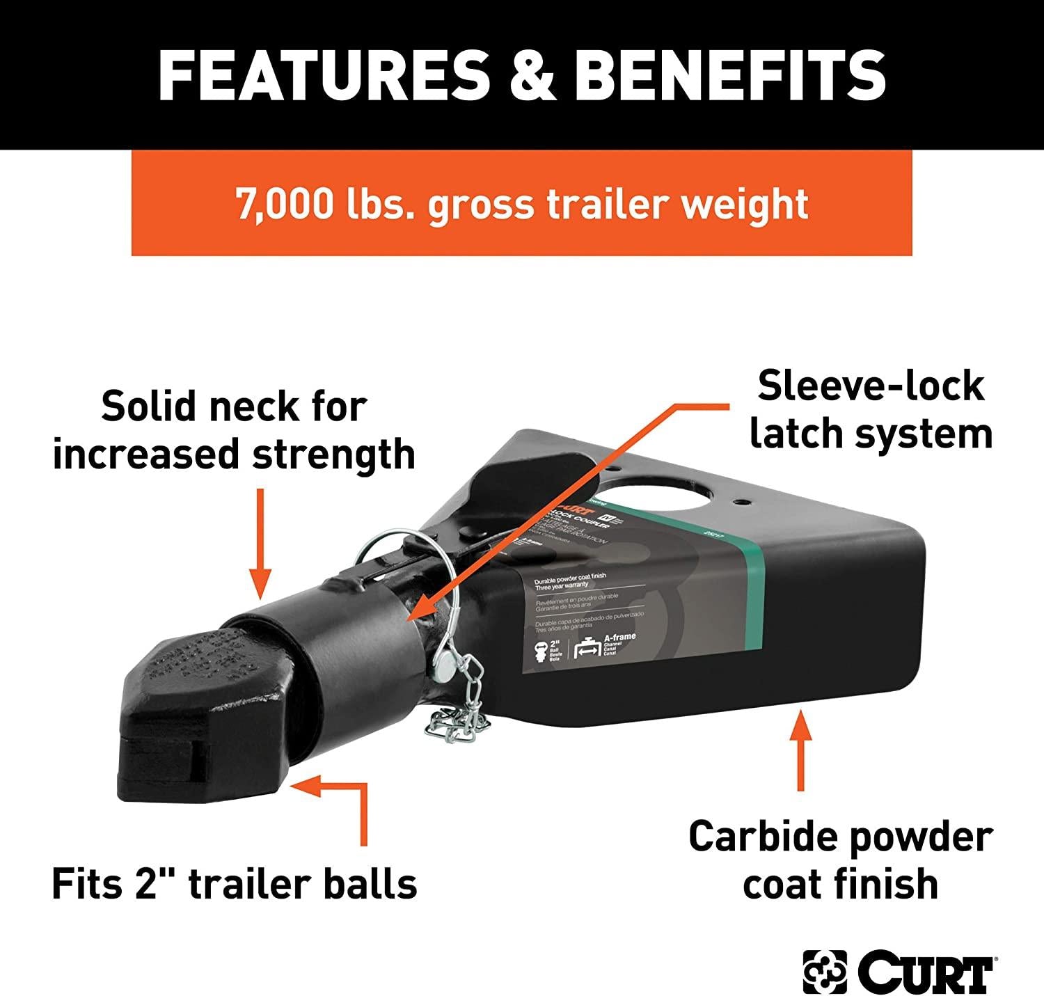 CURT 25217 Black A-Frame Trailer Coupler, 2-Inch Hitch Ball, 7,000 lbs