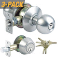Steel Grade 3 Combo Lock Set with Entry Door Knob and Deadbolt, 18 SC1 Keys Total, (3-Pack, Keyed Alike)