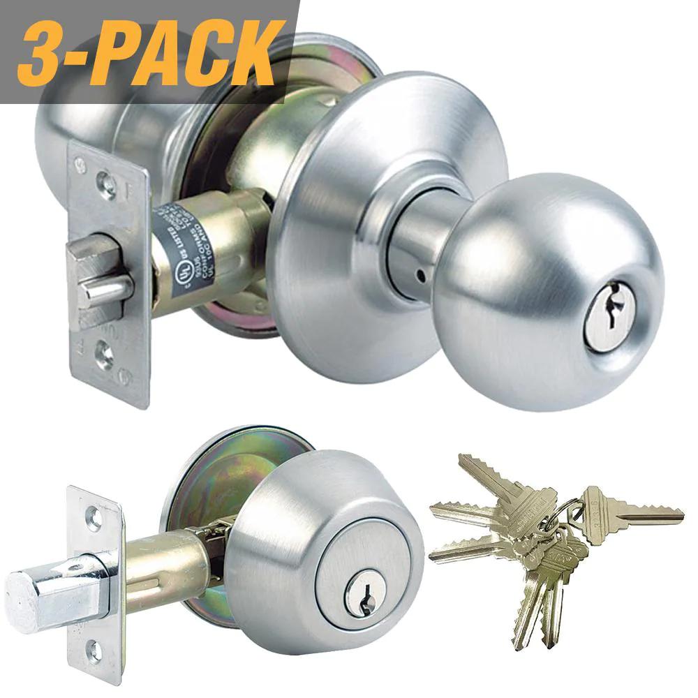 Steel Grade 3 Combo Lock Set with Entry Door Knob and Deadbolt, 18 SC1 Keys Total, (3-Pack, Keyed Alike)