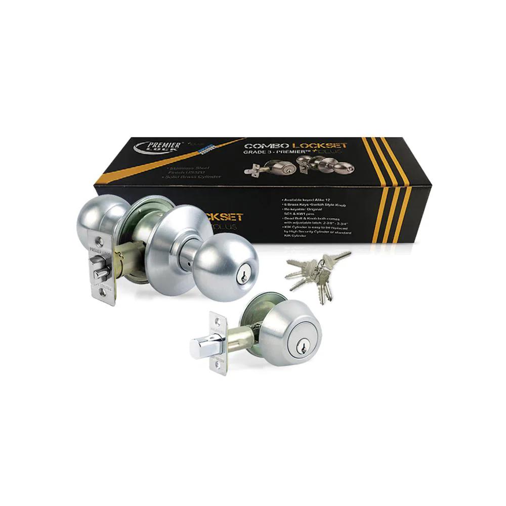 Steel Grade 3 Combo Lock Set with Entry Door Knob and Deadbolt, 18 SC1 Keys Total, (3-Pack, Keyed Alike)
