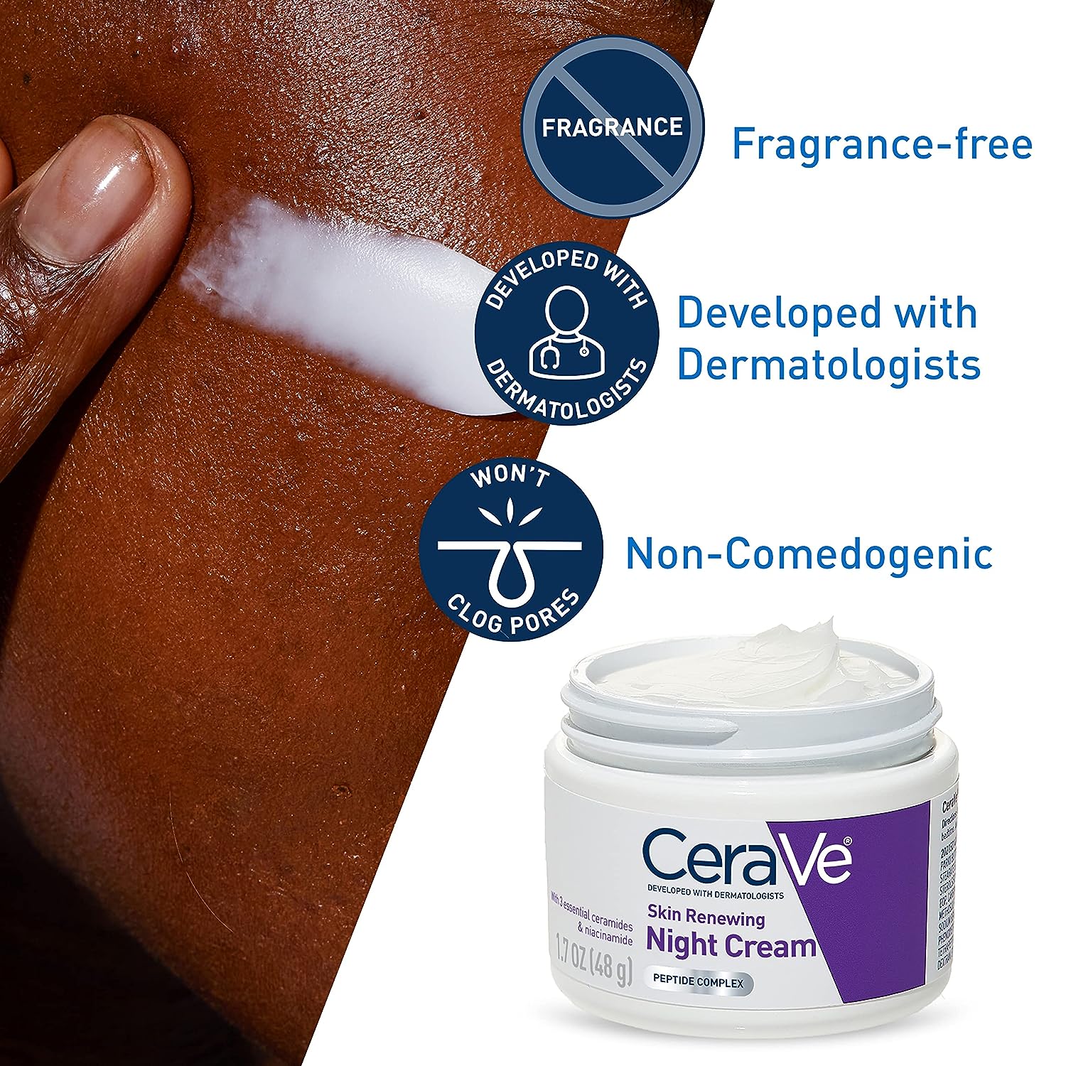 CeraVe Skin Renewing Night Cream | Niacinamide, Peptide Complex, and Hyaluronic Acid Moisturizer for Face | 1.7 Ounce, Packaging may Vary