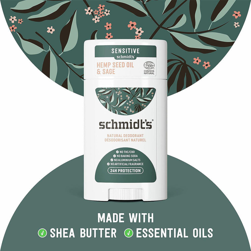 Schmidt's Aluminum Free Natural Deodorant For Women And Men, Hemp Seed Oil &amp; Sage With 24 Hour Odor Protection, Certified Natural, Cruelty Free, Vegan Deodorant 2.65oz 2 Pack