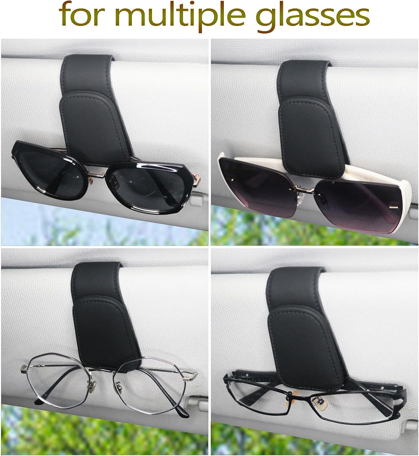 CHOSMOYI 2 Packs Sunglasses Holder for Car, Sunglass Clip for Car Visor, Magnetic Leather Car Eyeglass Holder and Ticket Card Clip, Suitable for Different Size Eyeglasses(Black