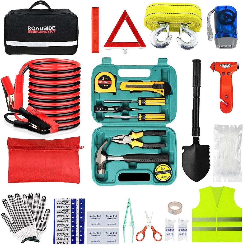 Car Emergency Roadside Tool kit,Road Side Safety Assistance Kit for Women Men Adult,Auto Truck Vehicle Emergency Bag with Shovel Jumper Cable First Aid Kit Blanket Front Rear Cover Alignment Tool