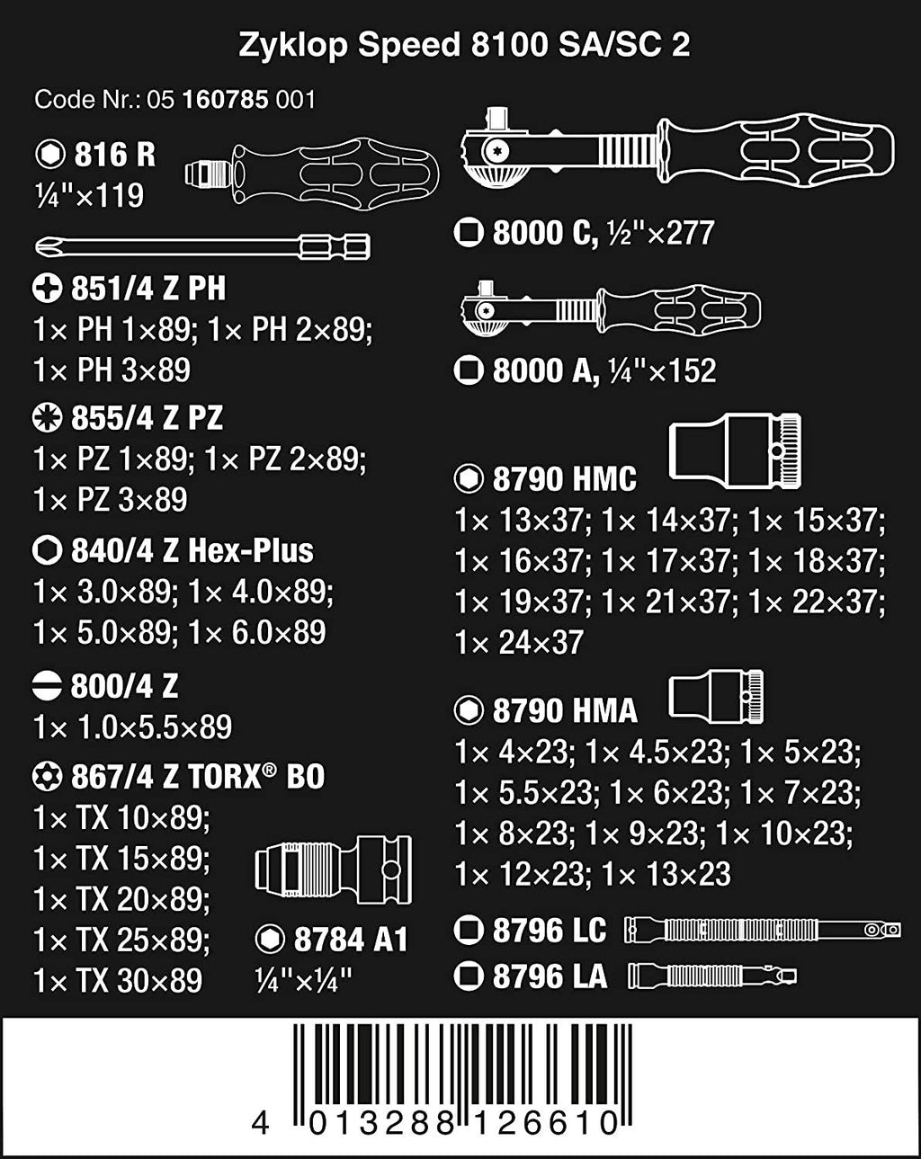 W05160785001 8100 Sa/Sc 2 Zyklop Speed Ratchet Set, 1/4" Drive and 1/2" Drive, Metric, 43 Pieces