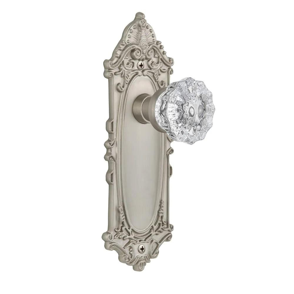 Victorian Plate 2-3/4 in. Backset Satin Nickel Privacy Bed/Bath Crystal Glass Door Knob
