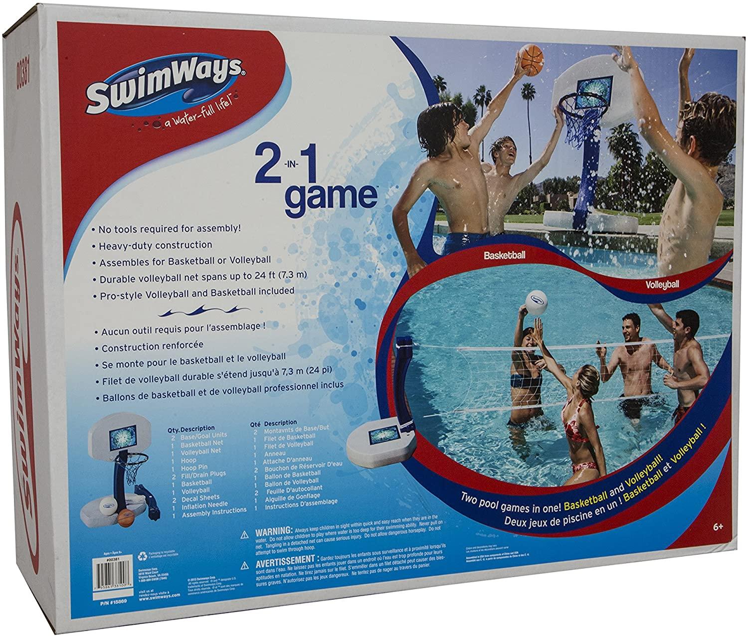 SwimWays 2 In 1 Pool Sport Combo Set - Outdoor Volleyball &amp; Basketball Net For Swimming Pool