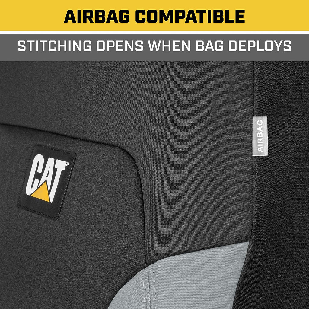 Caterpillar Flexfit Automotive Seat Covers for Cars Trucks and SUVs (Set of 2) – Black Seat Covers for Front Seats, Seat Protectors with Gray Honeycomb Trim, Auto Interior Covers
