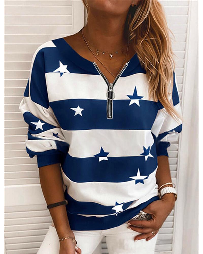Women's printed striped round neck long-sleeved sweatshirt all-match sweater