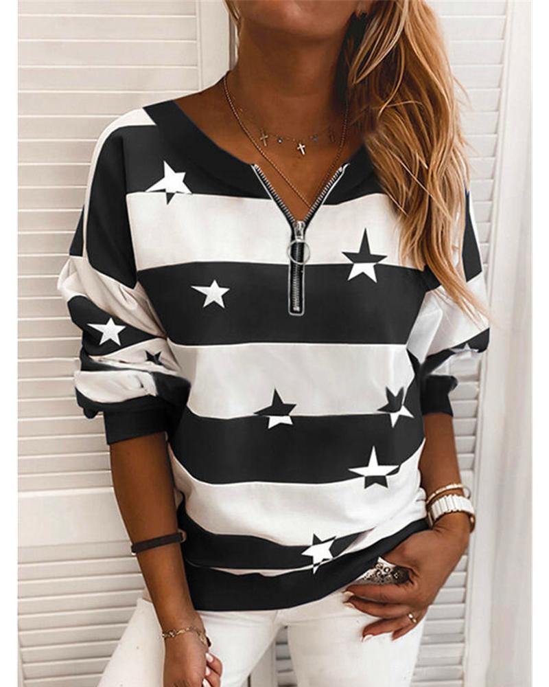 Women's printed striped round neck long-sleeved sweatshirt all-match sweater