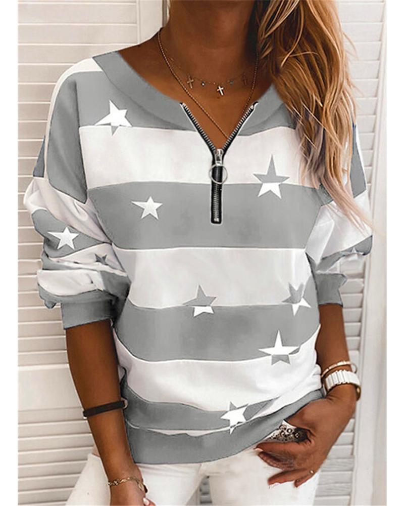 Women's printed striped round neck long-sleeved sweatshirt all-match sweater