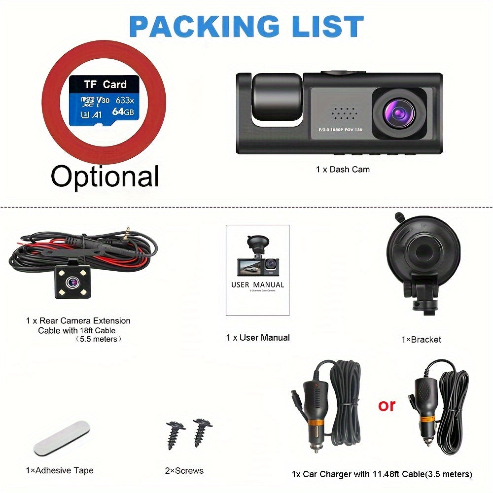 Camera FHD 1080P 3-Channel Dash Camera Front And Rear Inside Dash IR Night Vision Loop Recording G-Sensor Car DVR Camera With 2-Inch IPS Screen 3 Cameras