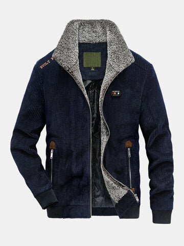 mens winter corduroy 100% cotton plus velvet warm zipper casual solid jacket
