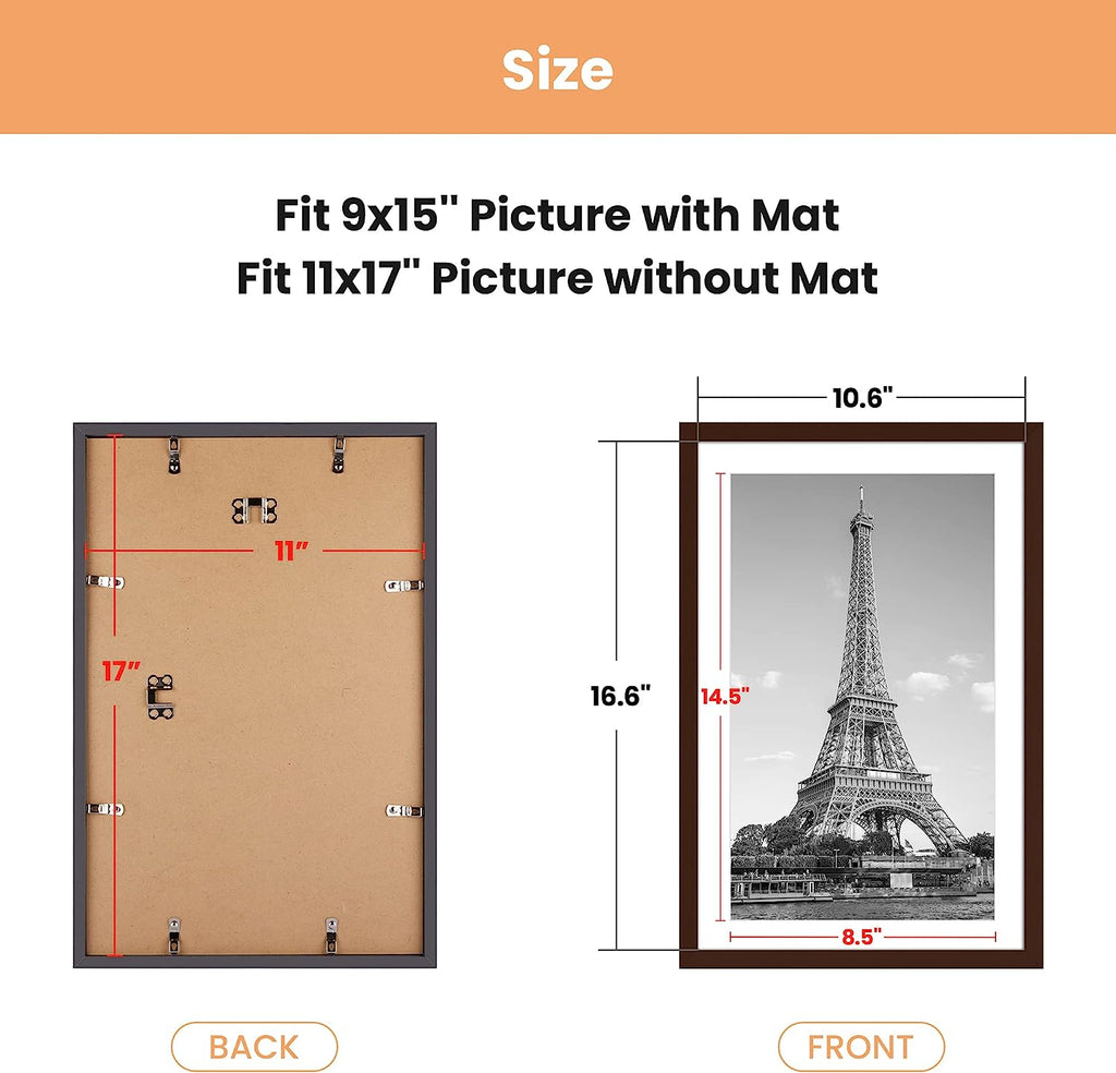upsimples 11x17 Picture Frame Set of 5, Display Pictures 9x15 with Mat or 11x17 Without Mat, Wall Gallery Photo Frames, Brown