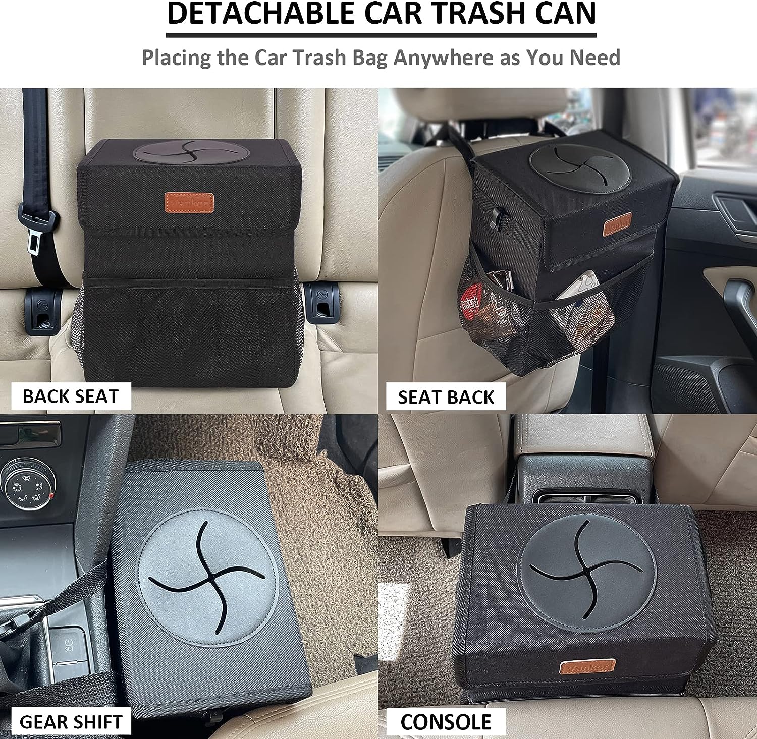 Vankor Car Trash Can for Car Cute, Car Trash Bag Bin Hanging Waterproof Automotive Car Garbage Cans Leak Proof Vehicle Trash Can Black