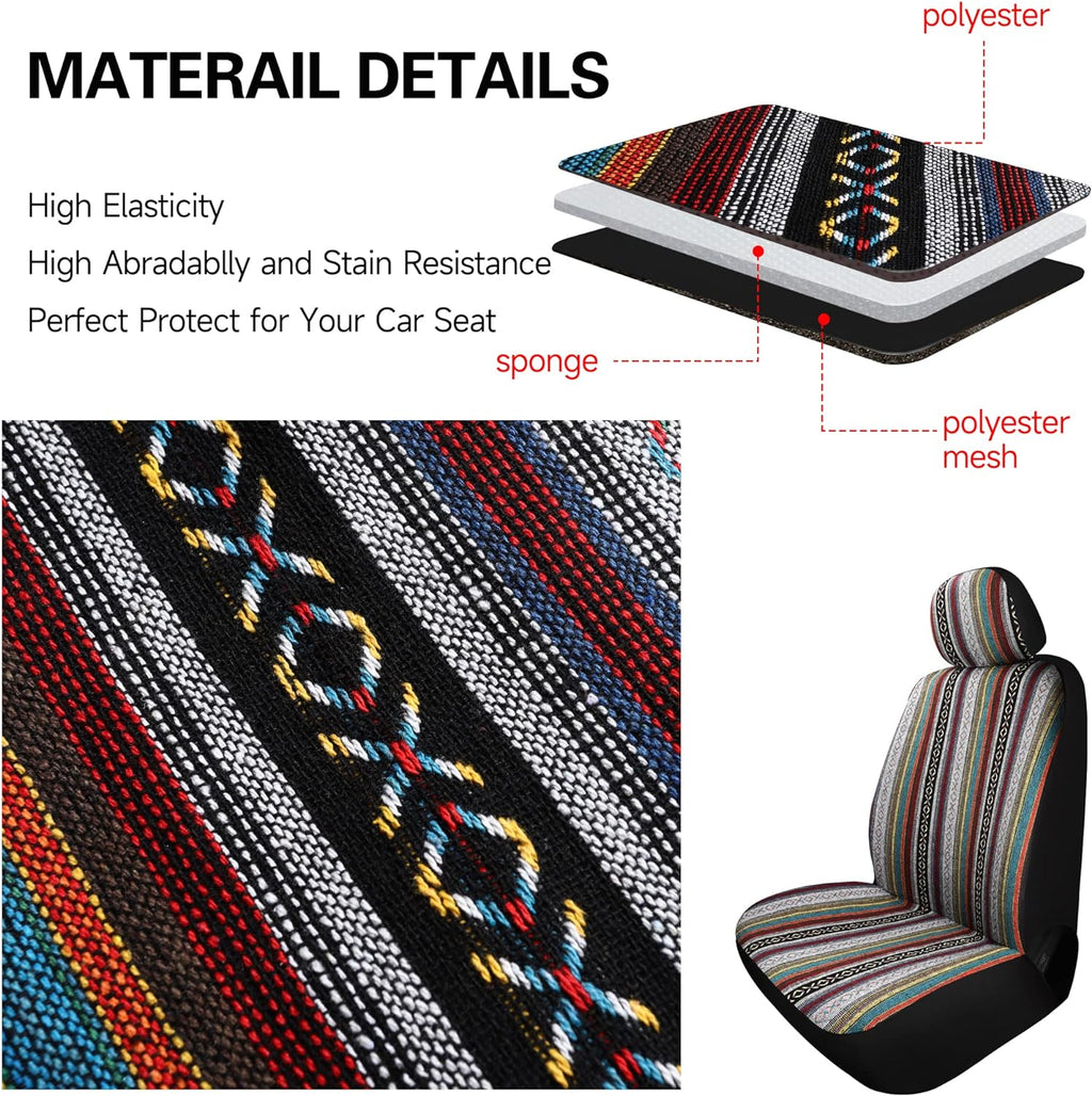 Pariitadin Baja Saddle Blanket Car Seat Covers Front Set with Seat Belt Pads, Washable Breathable Striped Woven Cloth Seat Covers for Cars, Universal Fit Most Cars, Airbag Compatible, Red