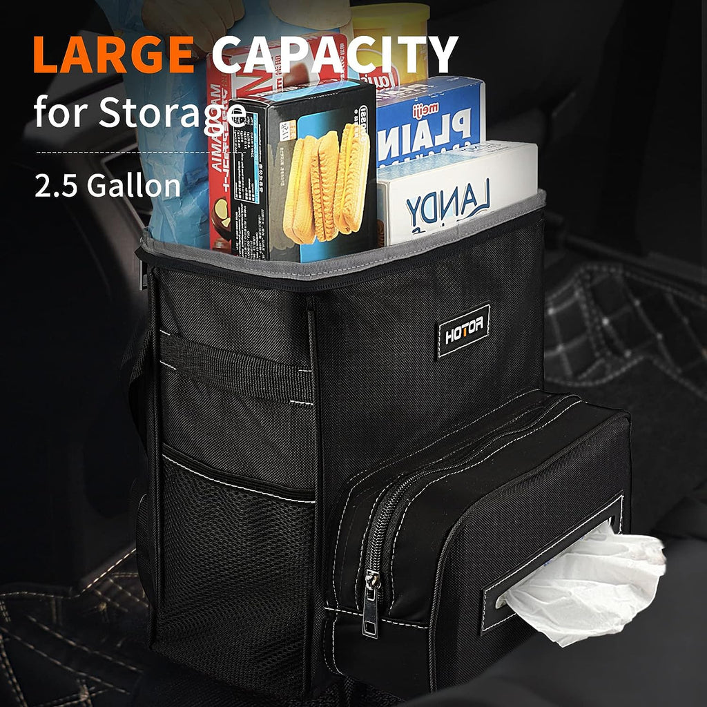 HOTOR Car Trash Can 2.5 Gallon - Handy Tissue Holder, Easy-to-Install Car Accessory Interior, Leak-Proof Organizer and Storage Bag for the Back/Front/Console of Any Cars, Sedans, SUVs &amp; Trucks