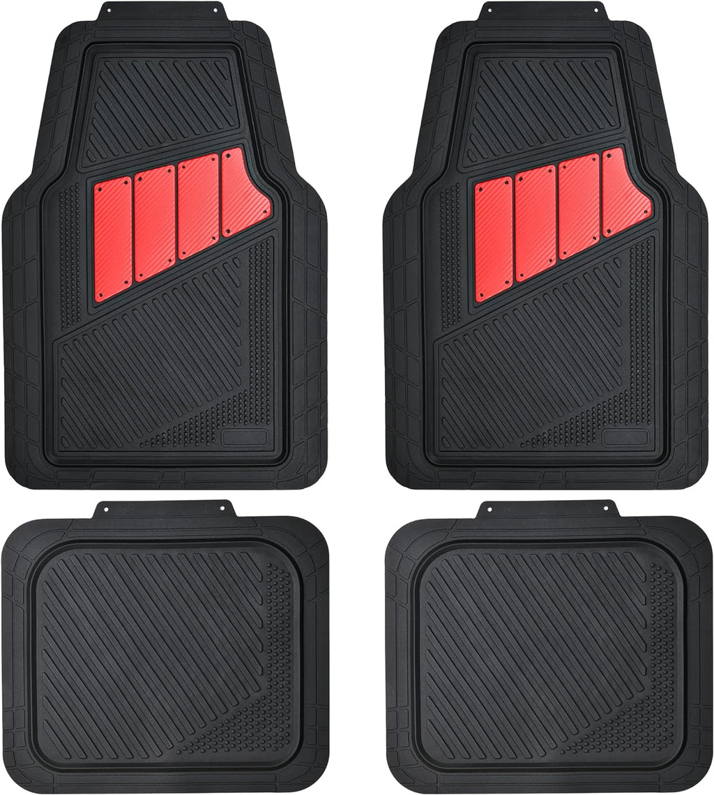 CAR PASS Heavy Duty Rubber Floor Mats 4-Piece Car Mat Set - Universal Waterproof Carbon Fiber Floor Mats for Car SUV Truck, Durable All-Weather Mats(Black and Red)