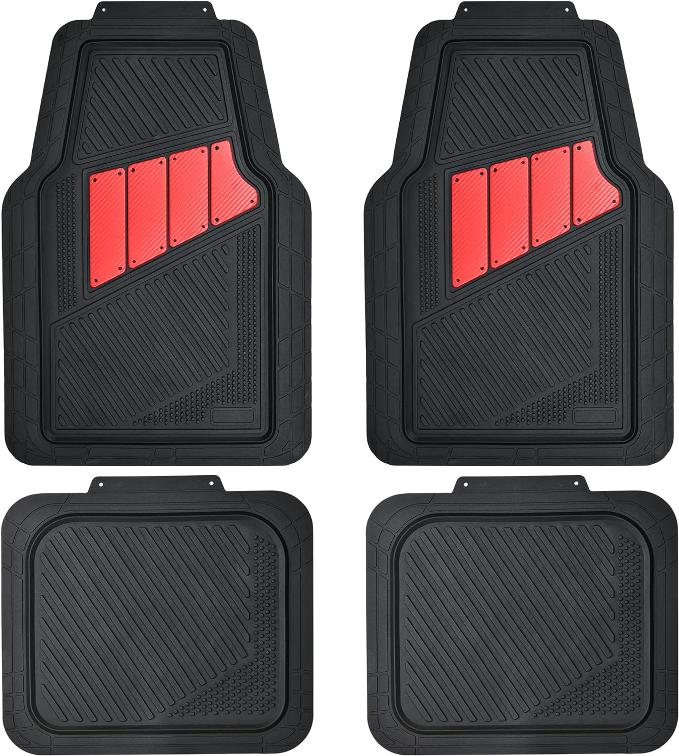 CAR PASS Heavy Duty Rubber Floor Mats 4-Piece Car Mat Set - Universal Waterproof Carbon Fiber Floor Mats for Car SUV Truck, Durable All-Weather Mats(Black and Red)