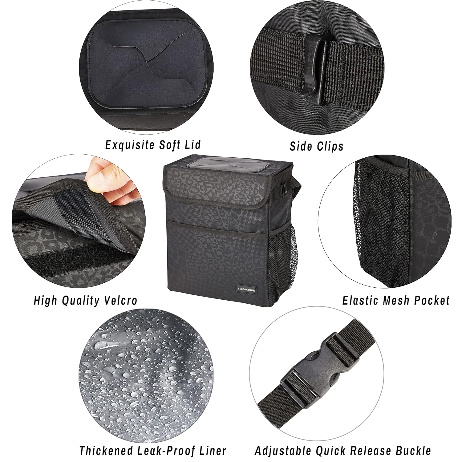 SIBOFUEGO Cute Car Trash Can with Lid - Leak Proof Bag Hanging Waterproof Garbage Storage Pockets Multipurpose Collapsible Organizer (Black Leopard)