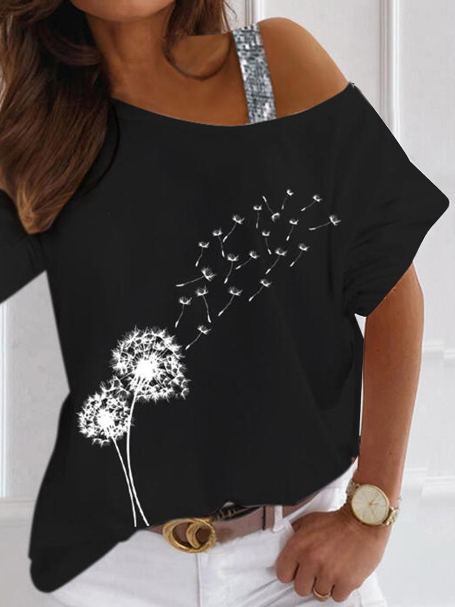 Casual Dandelion Print Off Shoulder T-shirt