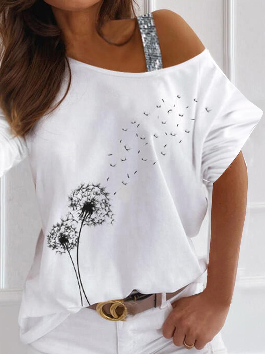 Casual Dandelion Print Off Shoulder T-shirt