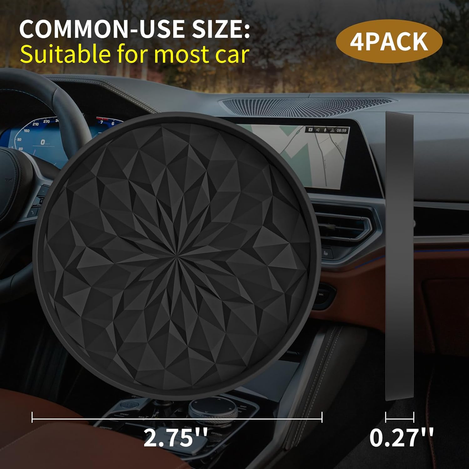 Car Cup Coaster [4 Pack] ME.FAN Silicone Car Coasters/Cup Mats - 2.75In Universal Non-Slip Recessed Car Interior Accessories - Car Cup Holder Insert Coasters Black