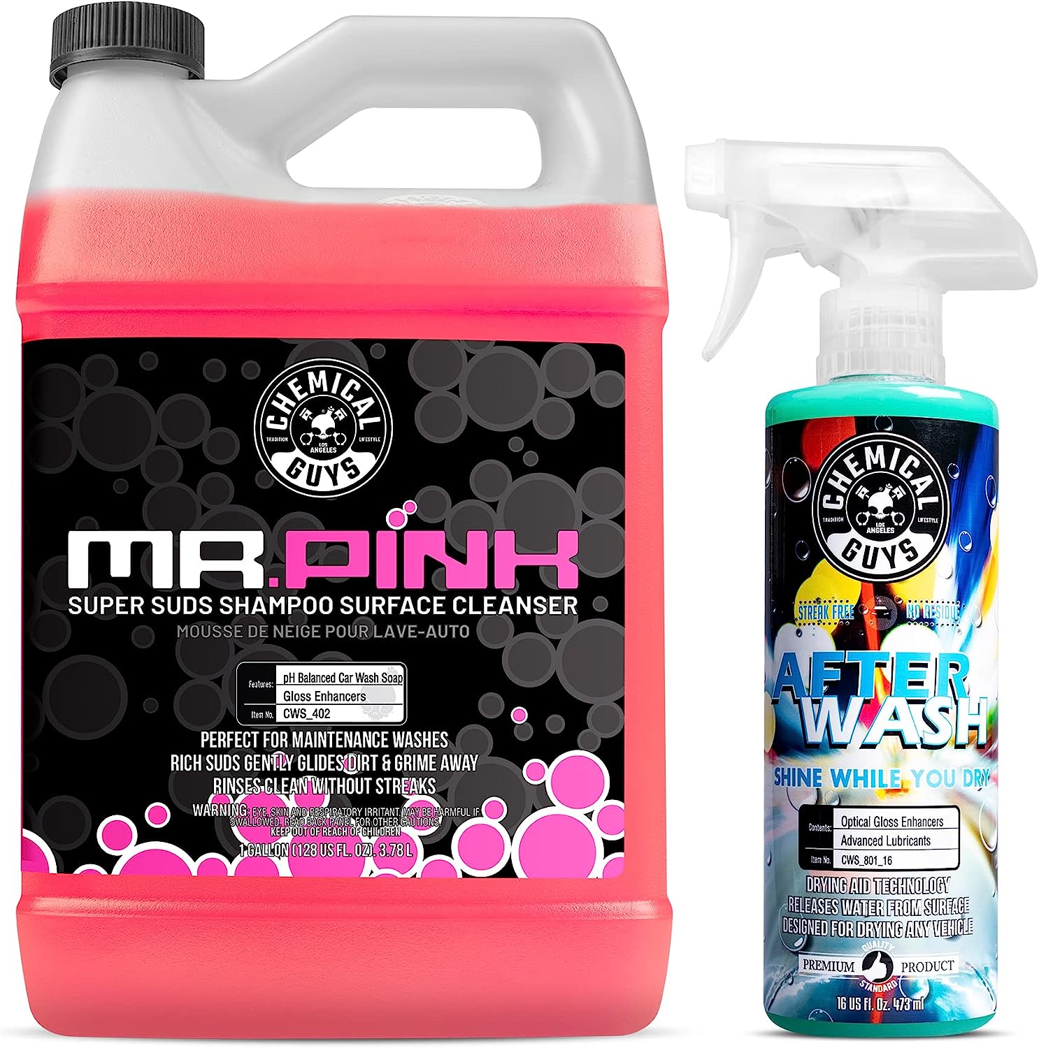 Chemical Guys CWS_402A Car Wash, Dry &amp; Shine Bundle - Mr. Pink Foaming Car Wash Soap, 128 fl oz (1 Gal) + After Wash Gloss Boosting Drying Aid (16 fl oz) (2 Items) For Cars, Trucks, SUVs, RVs &amp; More