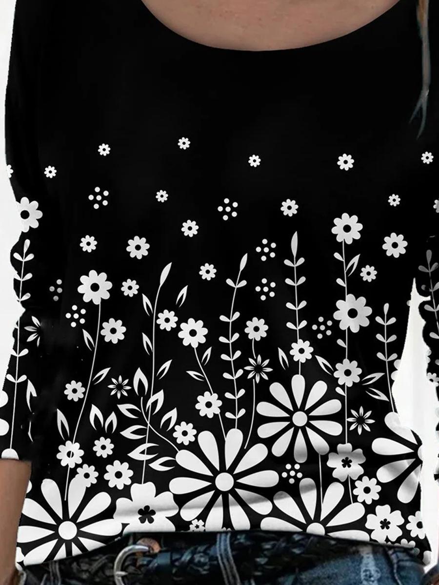 Black And White Floral Print Long-sleeved Casual T-shirt