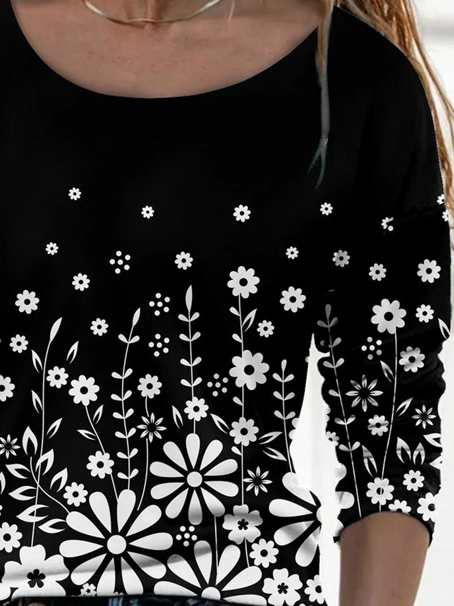 Black And White Floral Print Long-sleeved Casual T-shirt