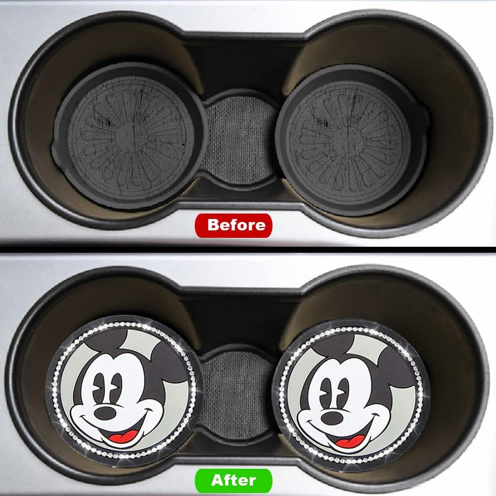 2PCS Car Cup Holders Coasters Mickey Mouse,Black Silicone Anti-Slip Car Coasters Car Interior Accessories -Universal Size, Black