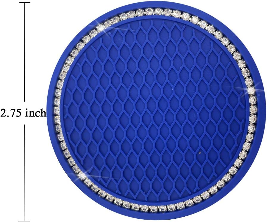 Universal Vehicle Bling Travel Auto Cup Holder Insert Coasters,2.75 Inch Crystal Rhinestone Car Interior Accessories Durable Anti Slip Silicone Car Coasters (Pack of 2) (Blue)