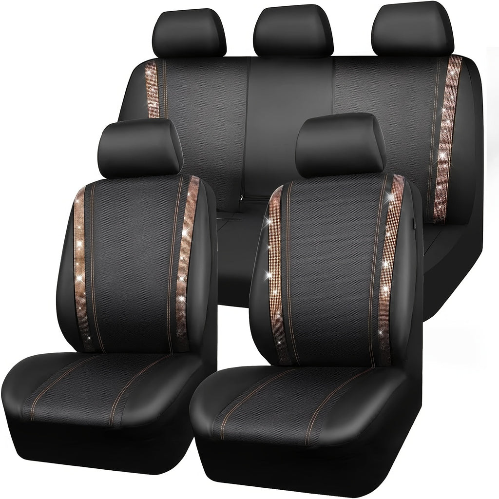 Bling Car Seat Covers Full Set, Shining Rhinestone Waterproof Leather Seat Covers For Women,Universal Fit 95% Automotive, Silver Artificial Diamond