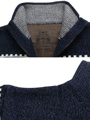 mens tribal style zipper stand collar casual knitted sweater cardigan