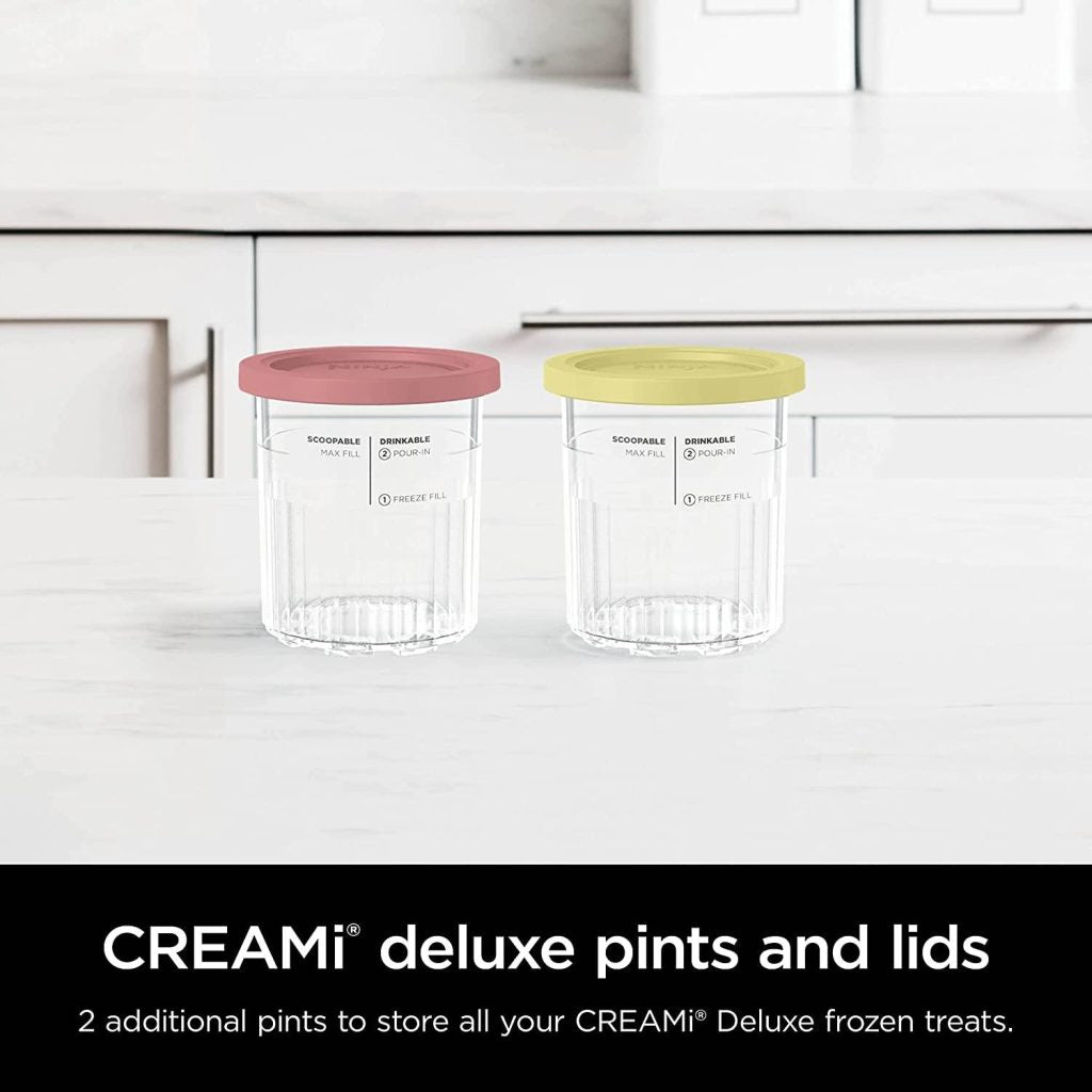Ninja XSKPNTLD2 Creami Deluxe Pints-2 Pack, compatible with nc500 series creami deluxe ice cream makers, bpa-free & dishwasher safe, 16 oz, coral & yellow lids