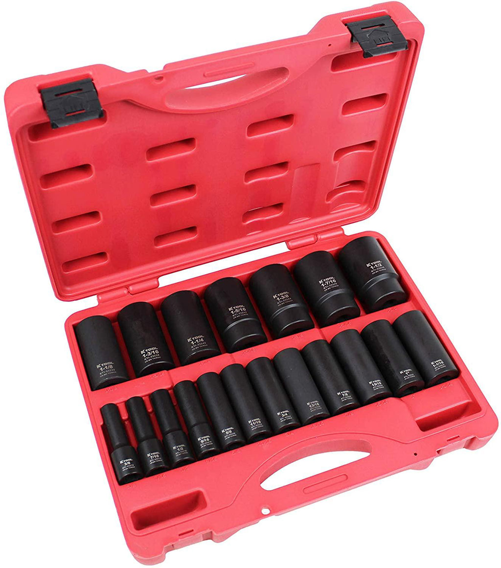 K Tool International 1/2" Drive SAE Deep Impact Socket Set; 19 Pieces, Heat Treated Chrome-Moly Steel, Laser Engraved; KTI33202