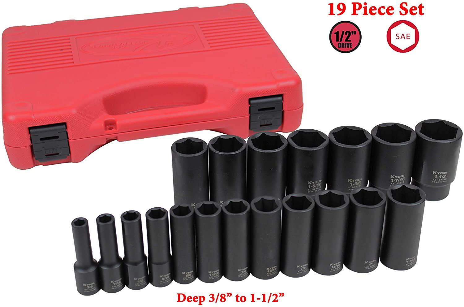 K Tool International 1/2" Drive SAE Deep Impact Socket Set; 19 Pieces, Heat Treated Chrome-Moly Steel, Laser Engraved; KTI33202