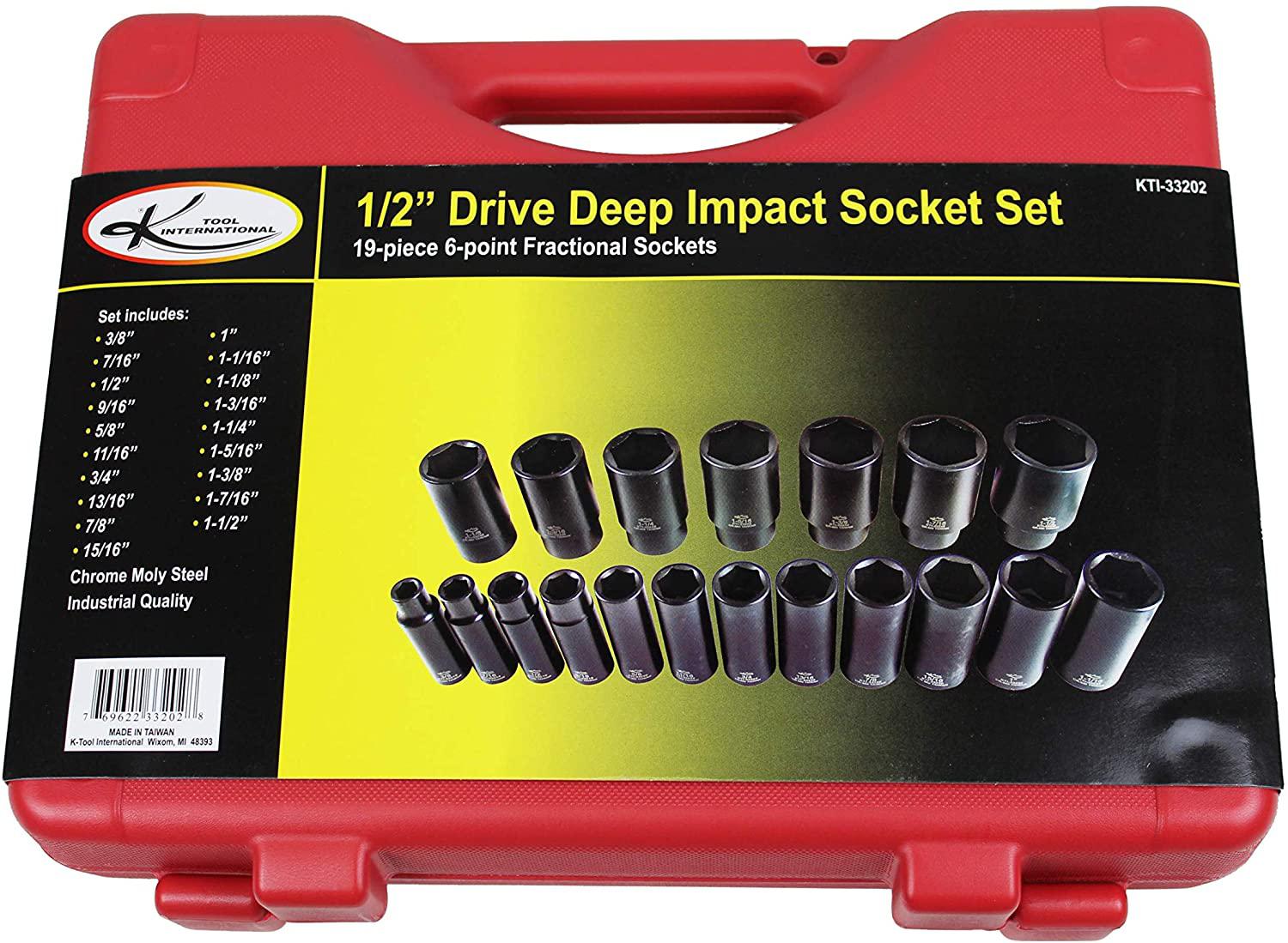 K Tool International 1/2" Drive SAE Deep Impact Socket Set; 19 Pieces, Heat Treated Chrome-Moly Steel, Laser Engraved; KTI33202