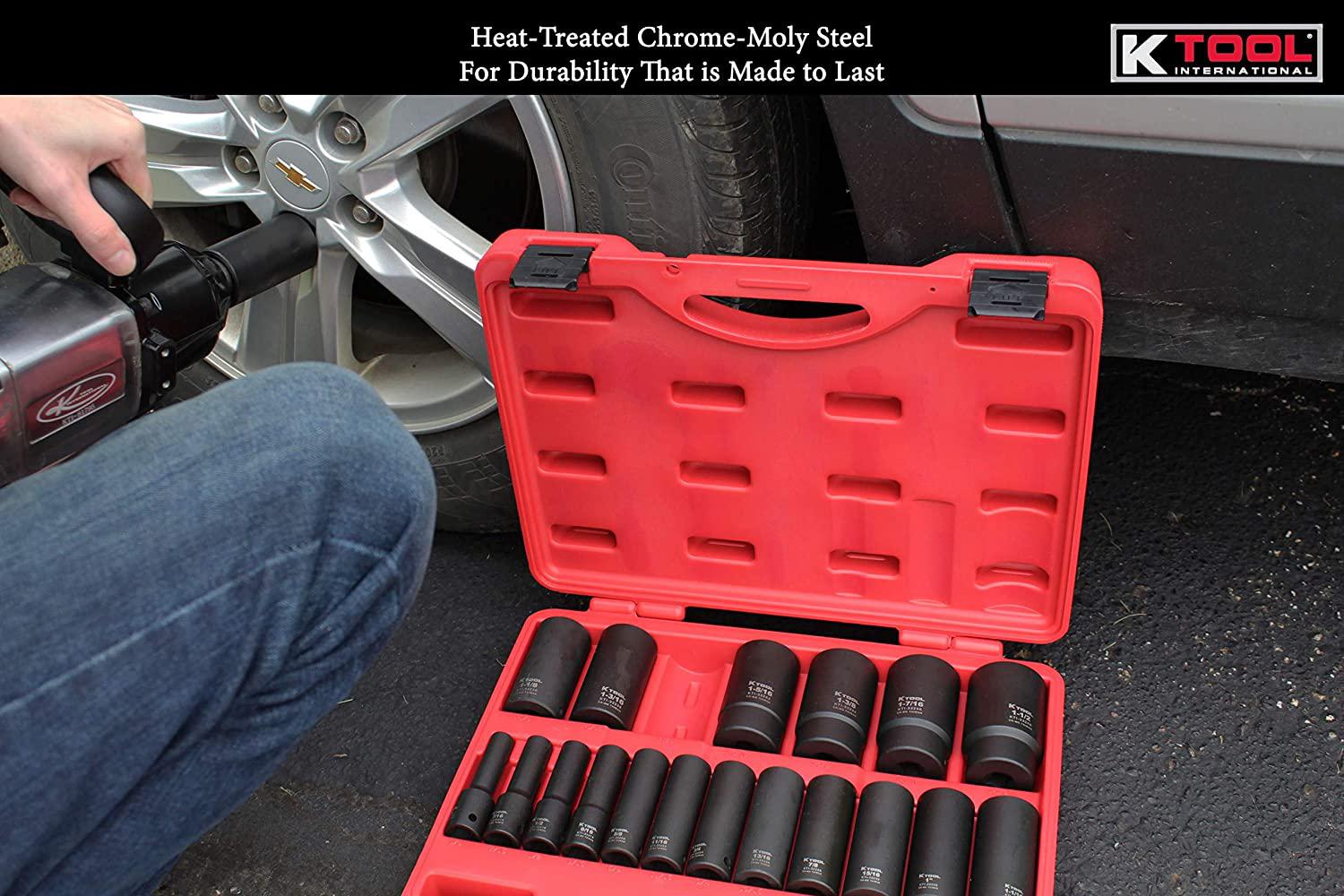K Tool International 1/2" Drive SAE Deep Impact Socket Set; 19 Pieces, Heat Treated Chrome-Moly Steel, Laser Engraved; KTI33202