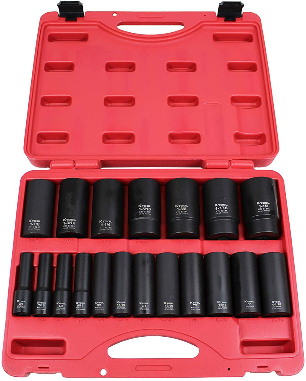 K Tool International 1/2" Drive SAE Deep Impact Socket Set; 19 Pieces, Heat Treated Chrome-Moly Steel, Laser Engraved; KTI33202