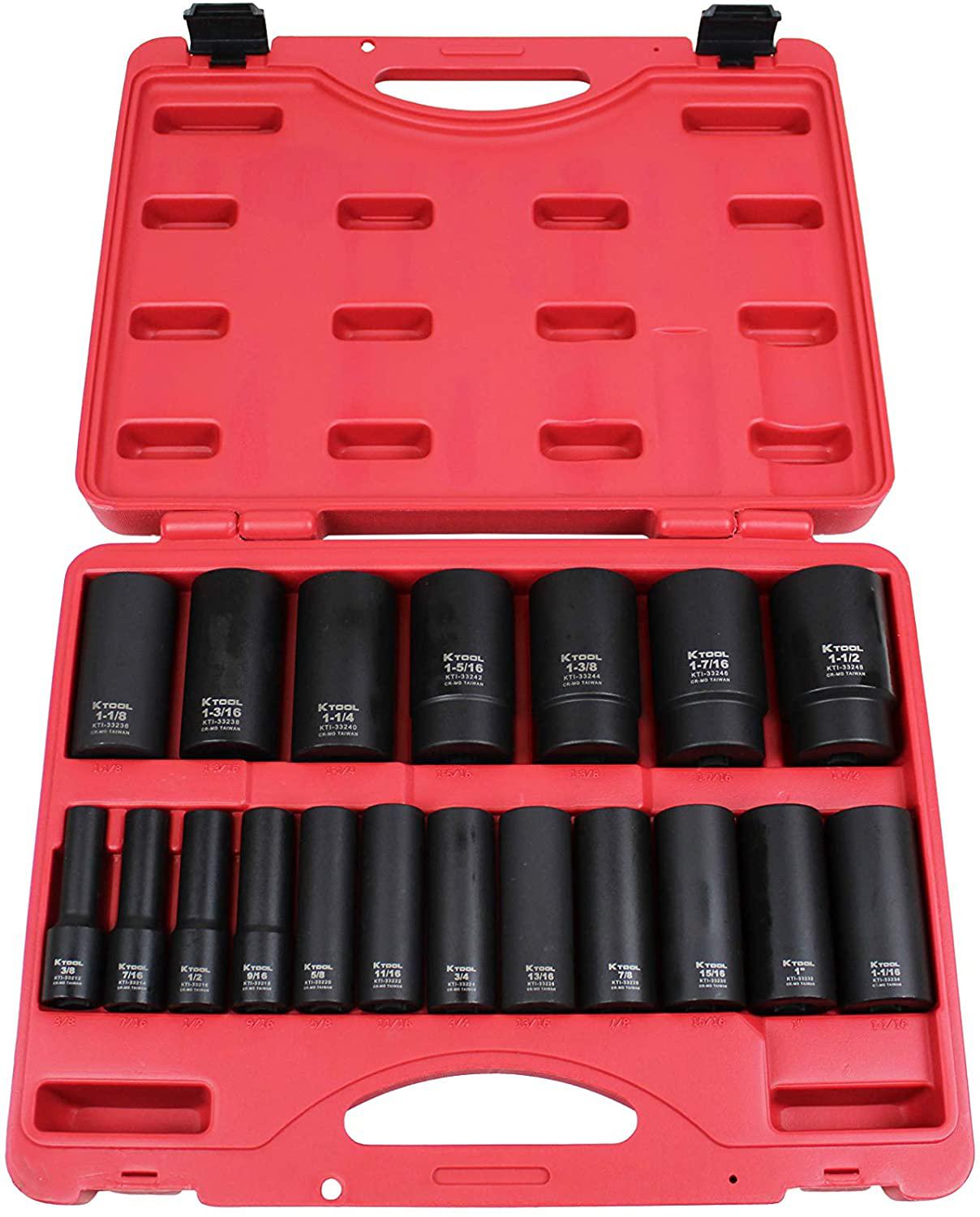 K Tool International 1/2" Drive SAE Deep Impact Socket Set; 19 Pieces, Heat Treated Chrome-Moly Steel, Laser Engraved; KTI33202