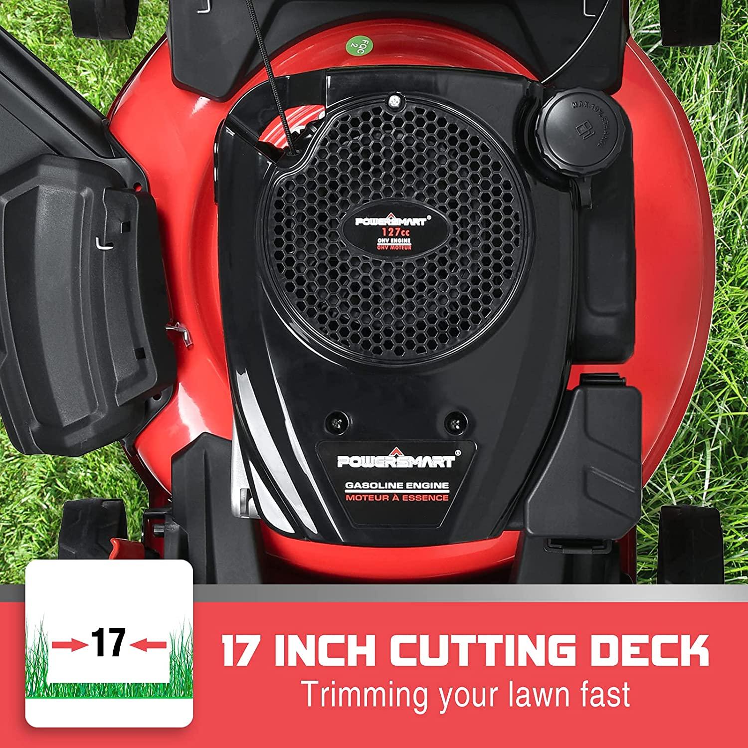 PowerSmart Push Lawn Mower Gas Powered - 17 Inch, 127CC 4-Stroke Engine, 5 Hight Positions Adjustable, (1.18''-3.0''), 3 in 1 with Bag
