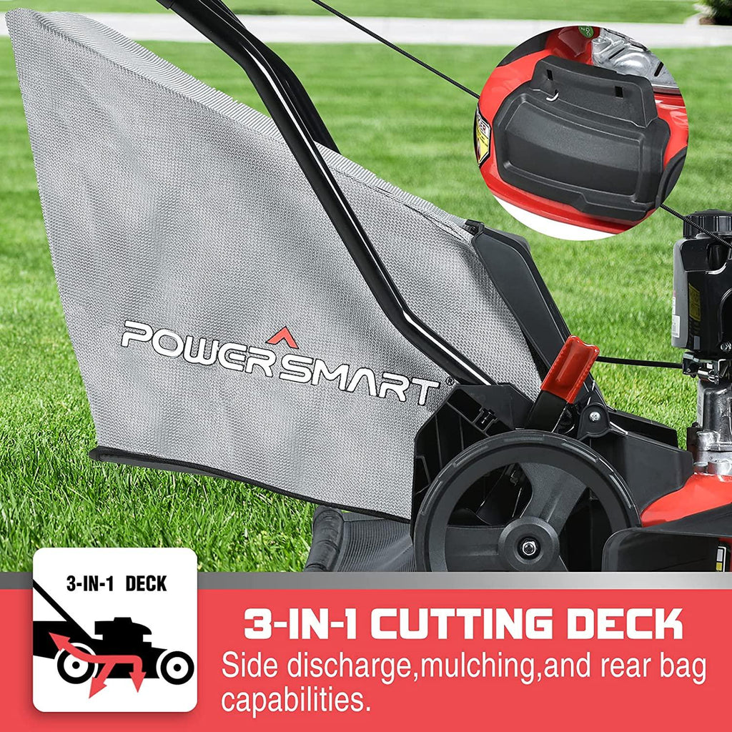 PowerSmart Push Lawn Mower Gas Powered - 17 Inch, 127CC 4-Stroke Engine, 5 Hight Positions Adjustable, (1.18''-3.0''), 3 in 1 with Bag