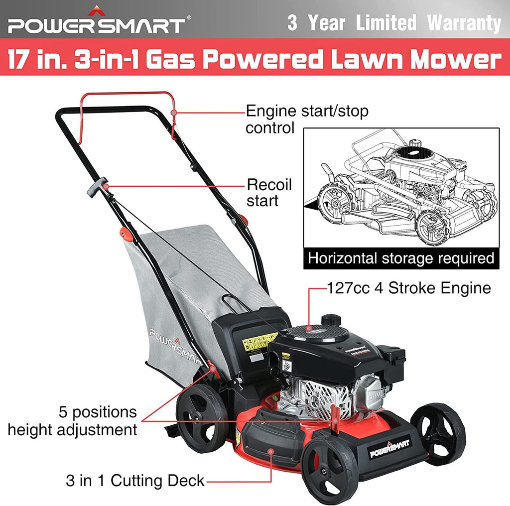 PowerSmart Push Lawn Mower Gas Powered - 17 Inch, 127CC 4-Stroke Engine, 5 Hight Positions Adjustable, (1.18''-3.0''), 3 in 1 with Bag