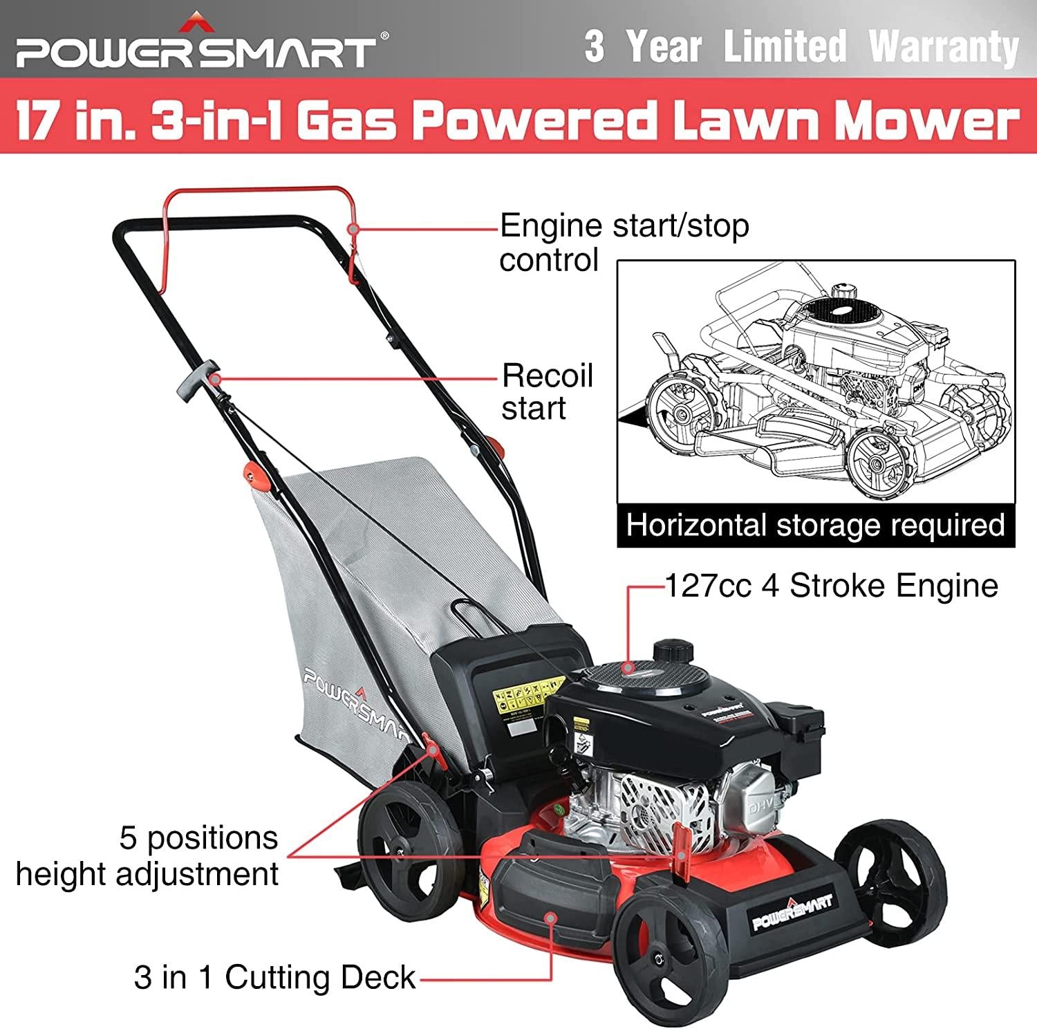 PowerSmart Push Lawn Mower Gas Powered - 17 Inch, 127CC 4-Stroke Engine, 5 Hight Positions Adjustable, (1.18''-3.0''), 3 in 1 with Bag