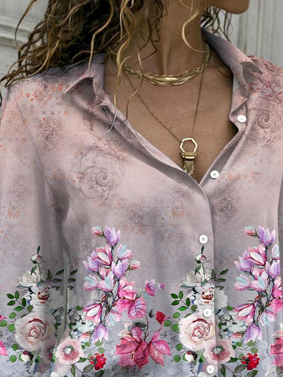 Casual Floral Print Gradient Long Sleeve Shirt