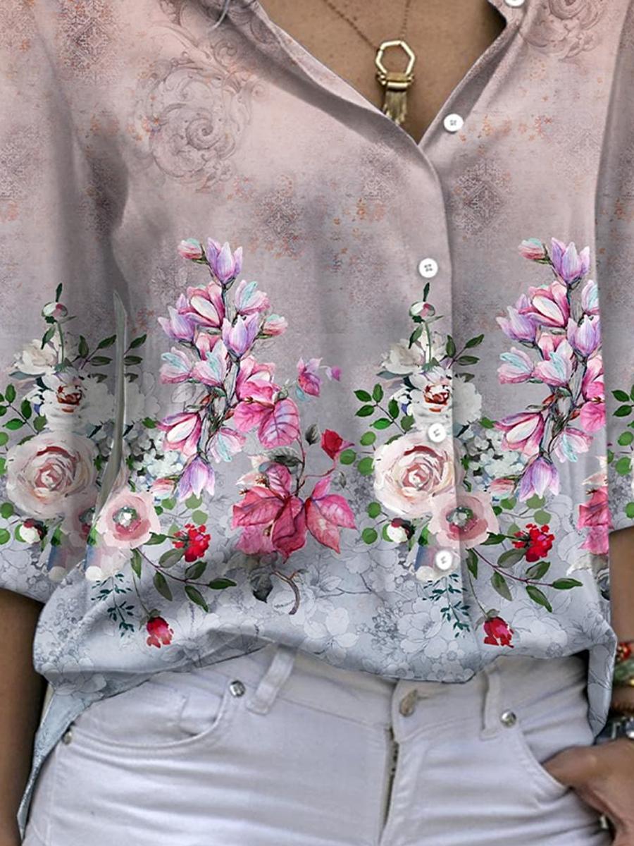 Casual Floral Print Gradient Long Sleeve Shirt