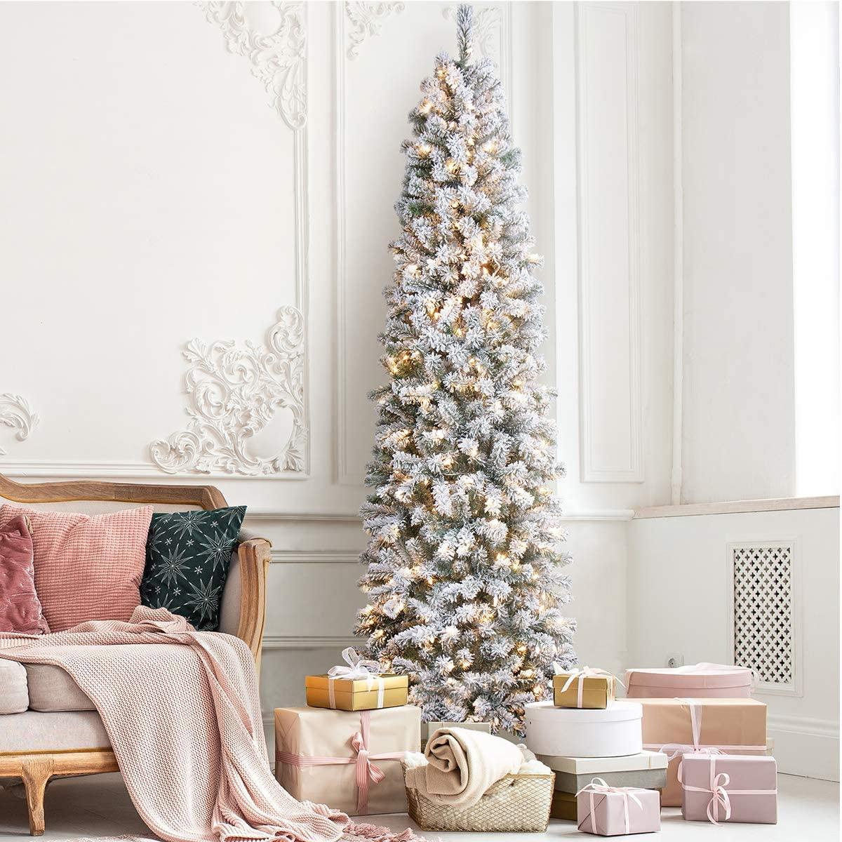 OasisCraft 6.5ft Prelit Snow Flocked Artificial Pencil Christmas Tree with 250 Clear Lights, Hinged Snowy Slim Xmas Tree